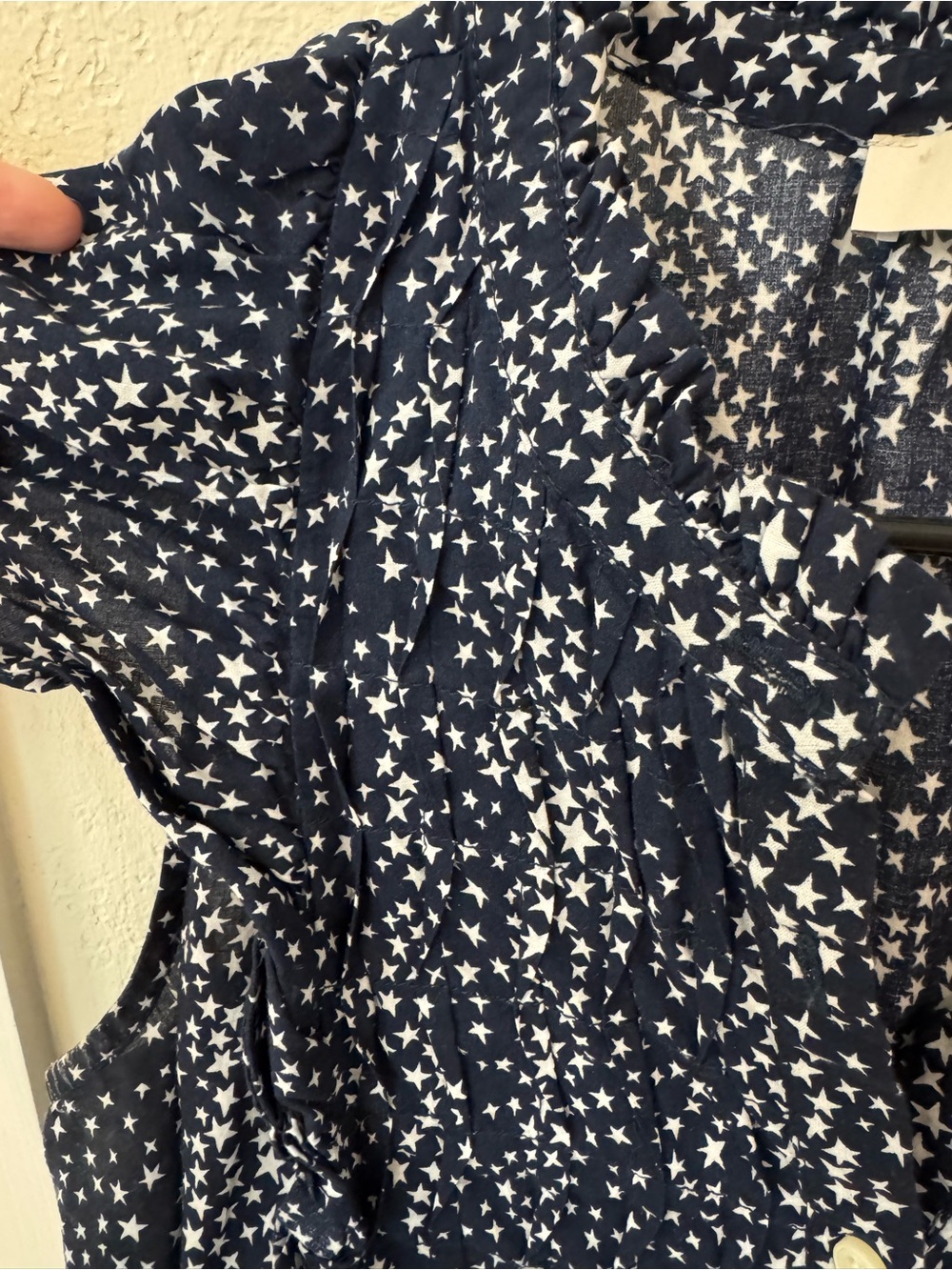 LOFT Navy and White Star-Print Ruffle Button-up Sleeveless Blouse - Picture 7 of 8